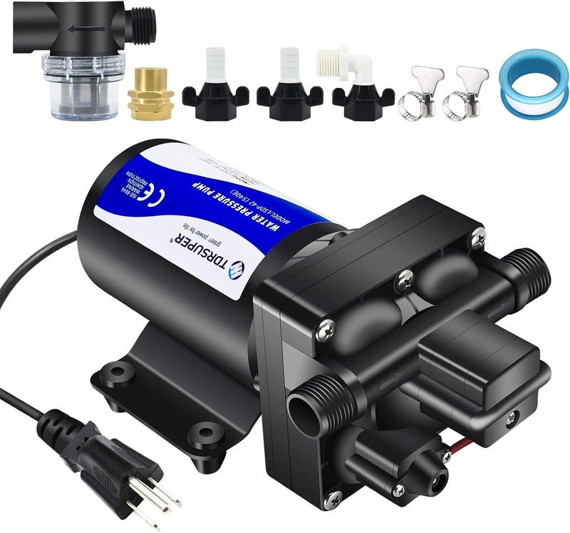 TDRSUPER Water Pressure Booster Pump, 110V AC Water Diaphragm Pump, 5.5GPM 75PSI with Power Plug, Self Priming RV Water Pump for Home Kitchen Bathroom RV Marine Yacht Garden Hose Black - Image 1